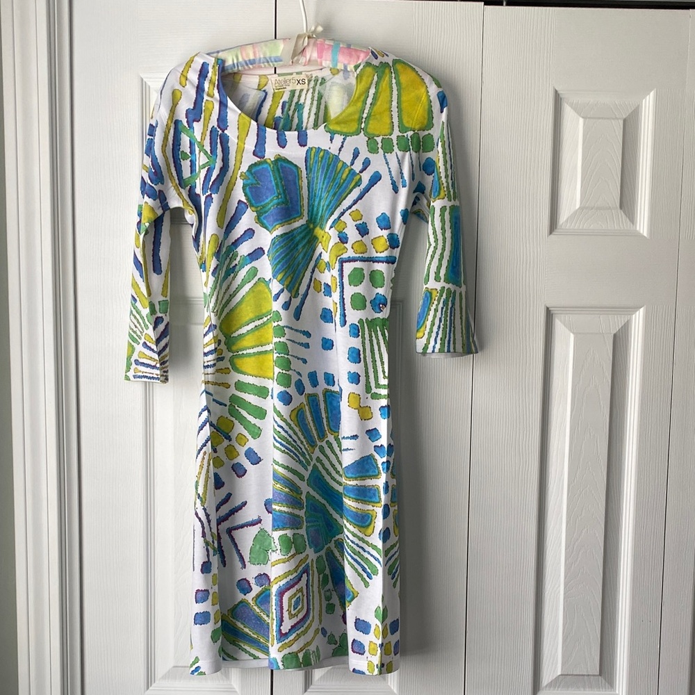 Atelier5 XS White Dress with Blue & Green Abstract Streaks